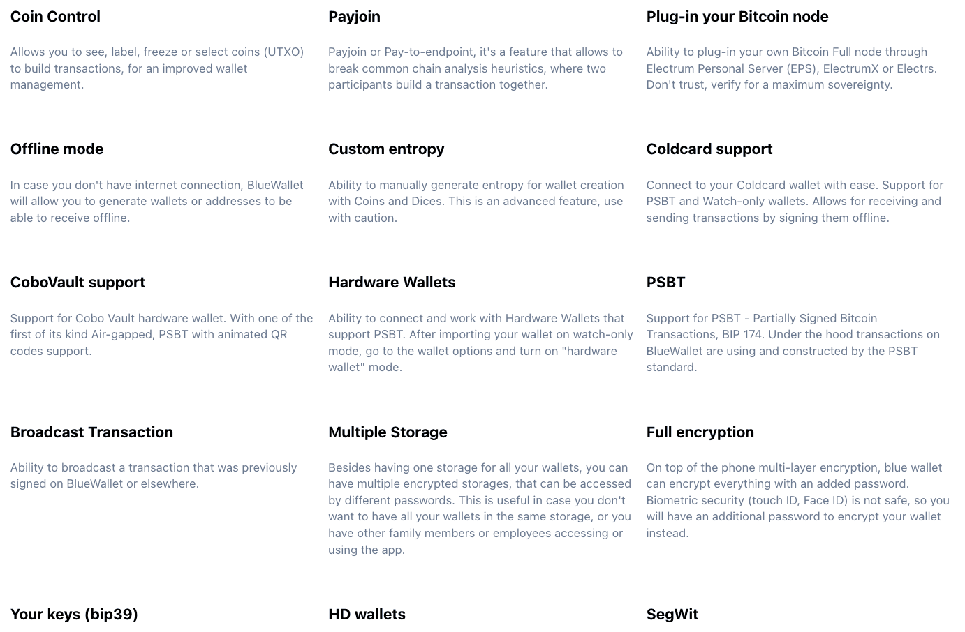 Quelques fonctionnalités de Blue Wallet. 